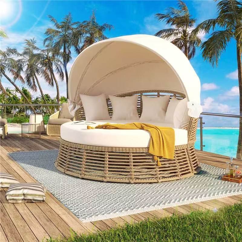 Beige Wicker Outdoor Daybed with Canopy