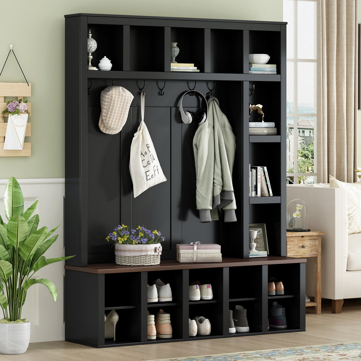 Black Hall Tree, 59 in Wide, Dark Walnut Accents