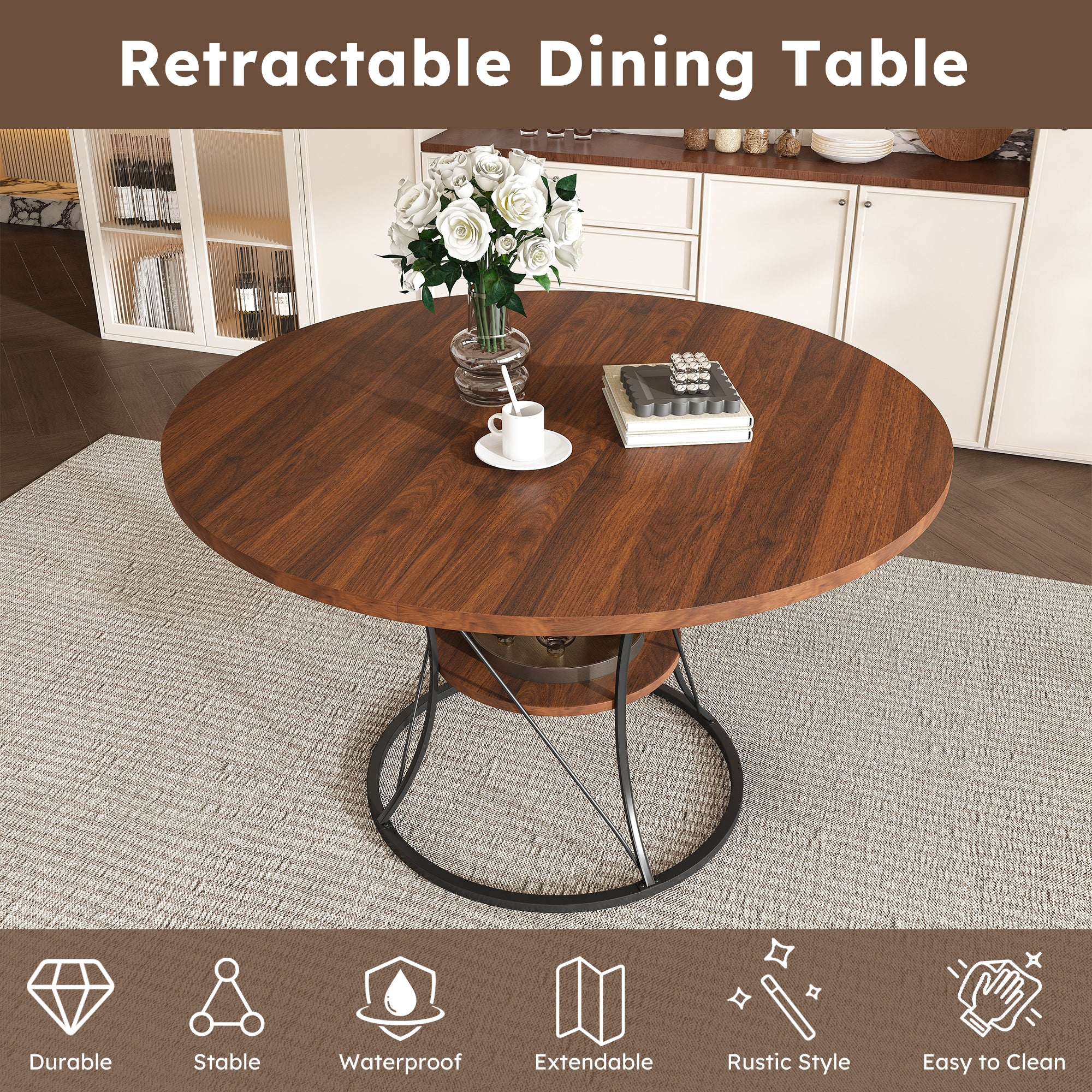 Feature graphic labeled retractable dining table showing the round walnut table and durability icons