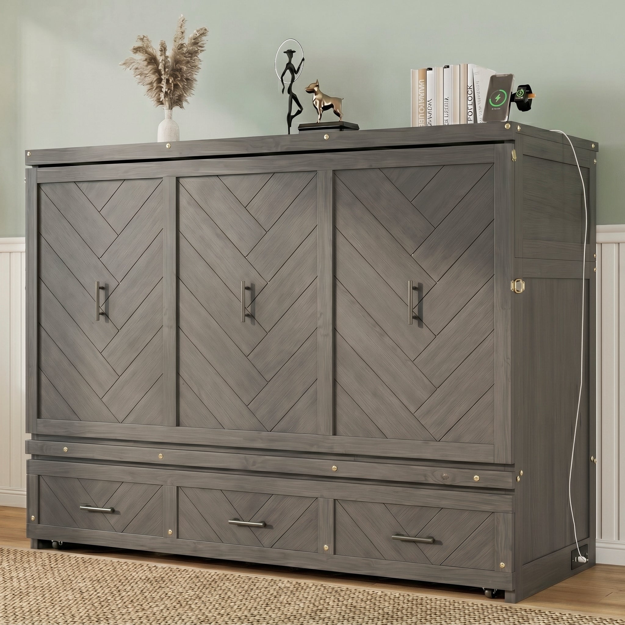 Queen Murphy Cabinet Bed with USB Charging Station, Grey