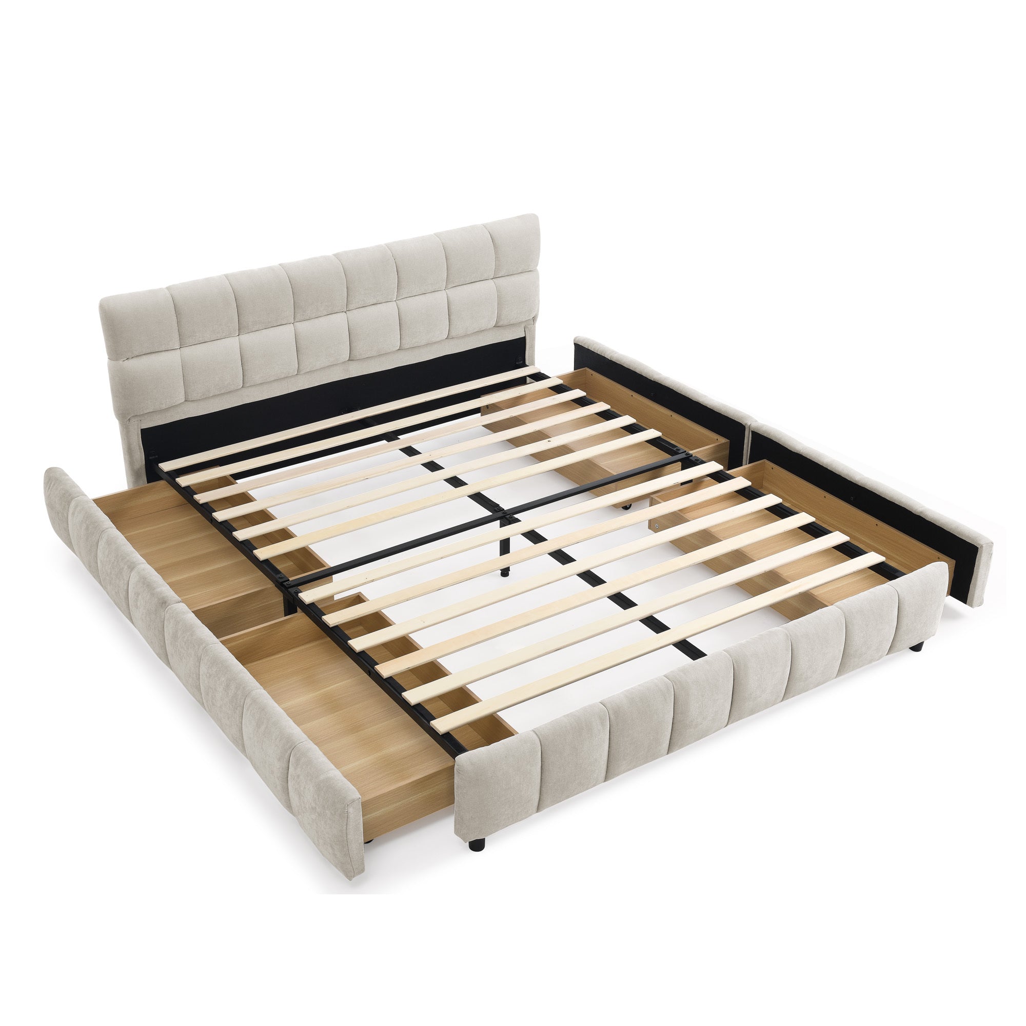 Beige chenille queen bed frame with storage drawers open on both sides, tufted headboard and channel-tufted rails