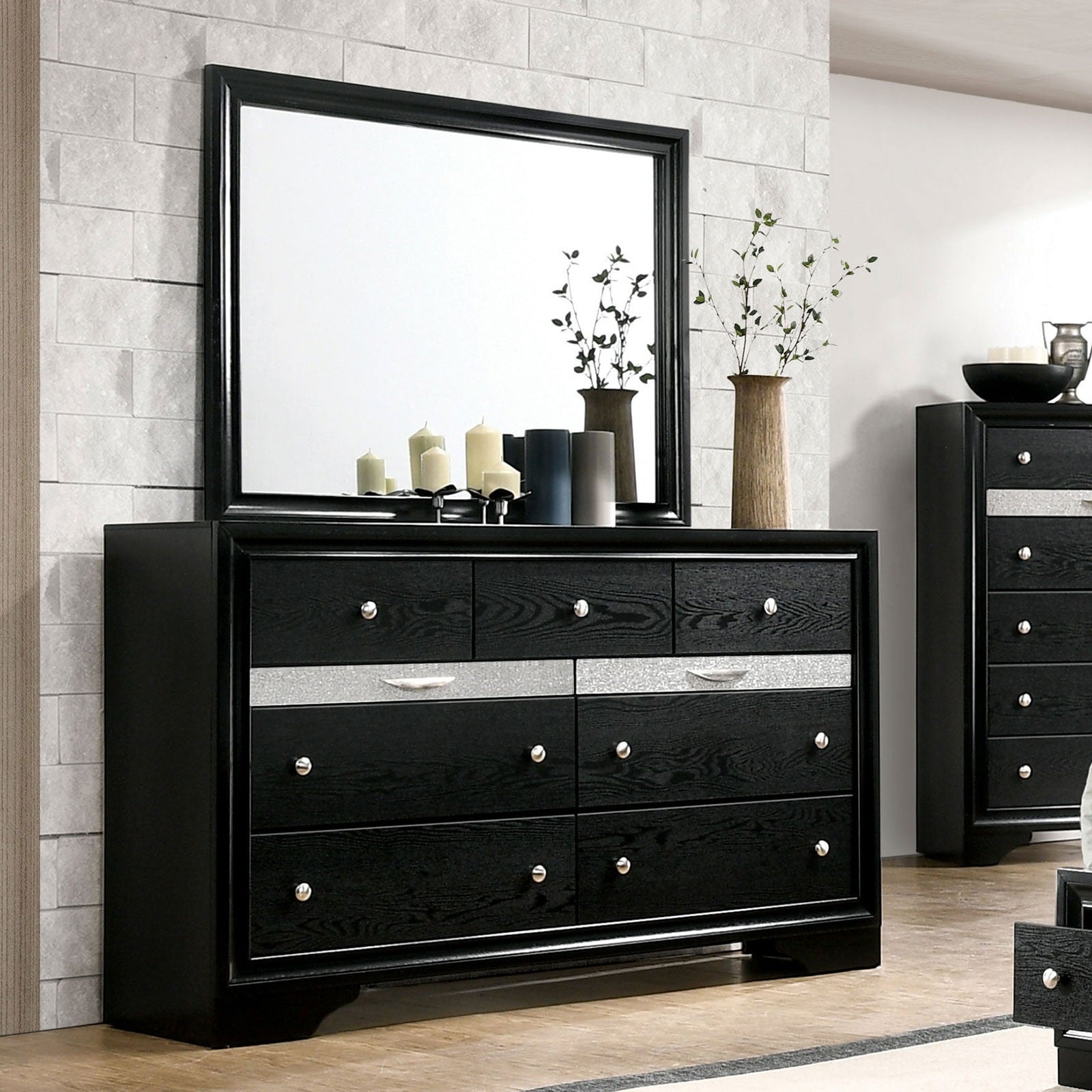 Black Solid Wood Dresser with Mirror, 63 Inches Wide