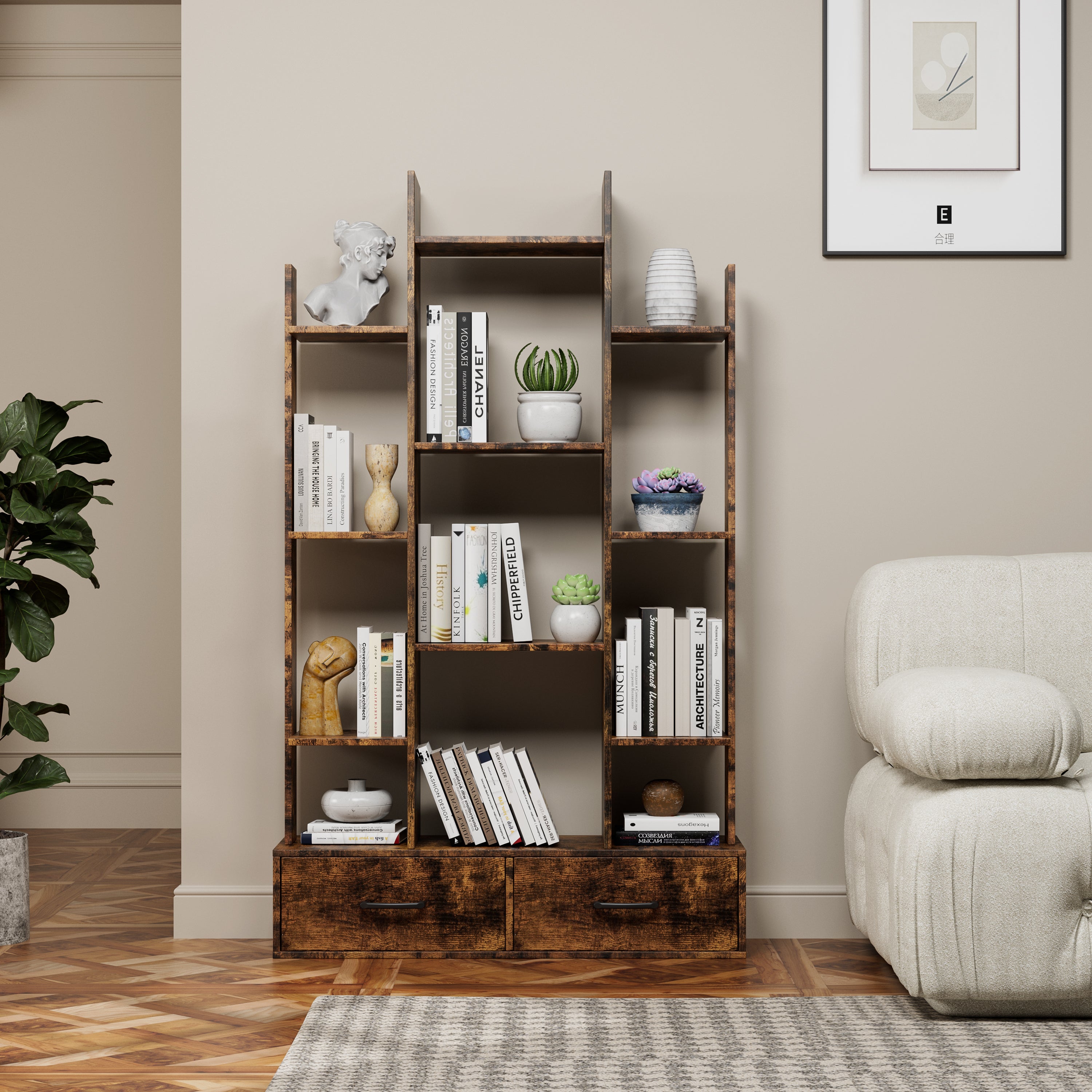 Industrial Bookcase with Drawers, 33.9 in, Brown
