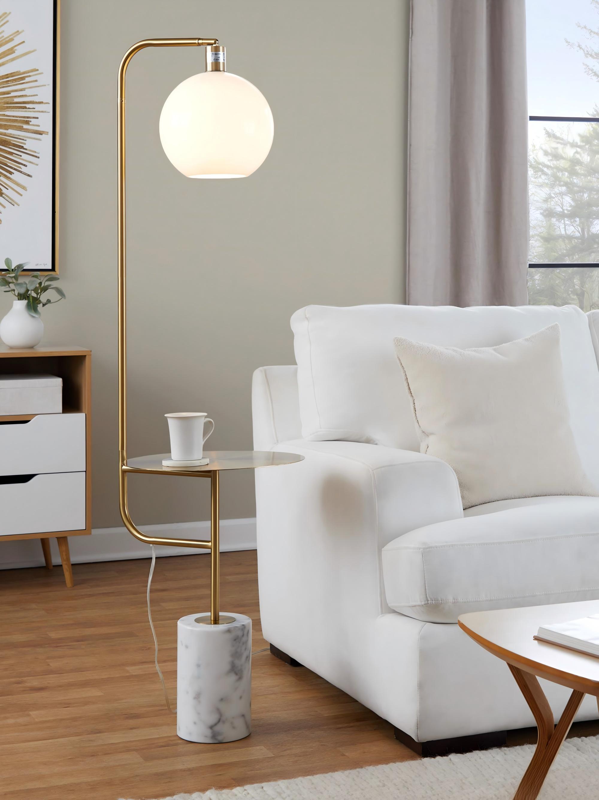 Floor Lamp with Built-In Side Table in Gold