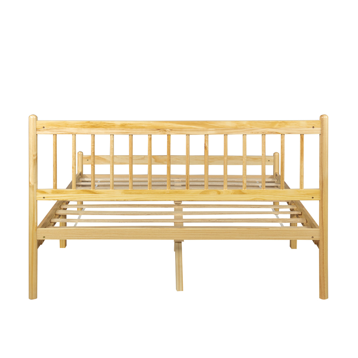 Front-on view of the natural pine bed frame with spindle headboard and footboard