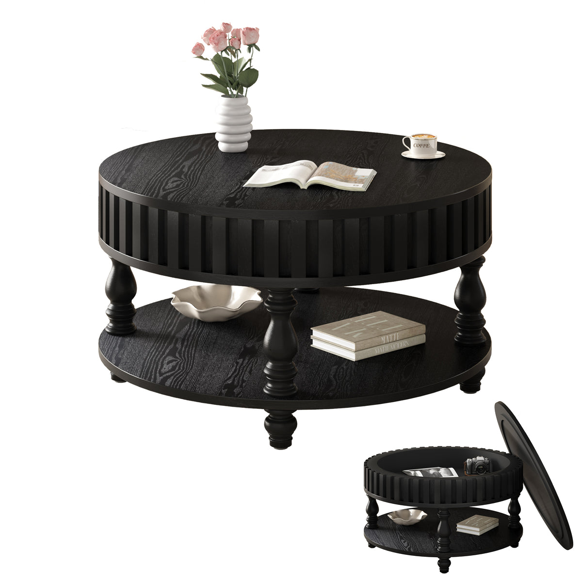 Black Round Fluted Coffee Table with Storage, 31.5 in