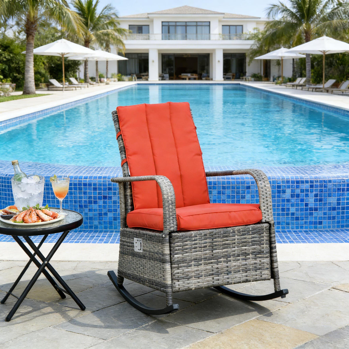 Brown Wicker Outdoor Rocking Chair with Red Cushions