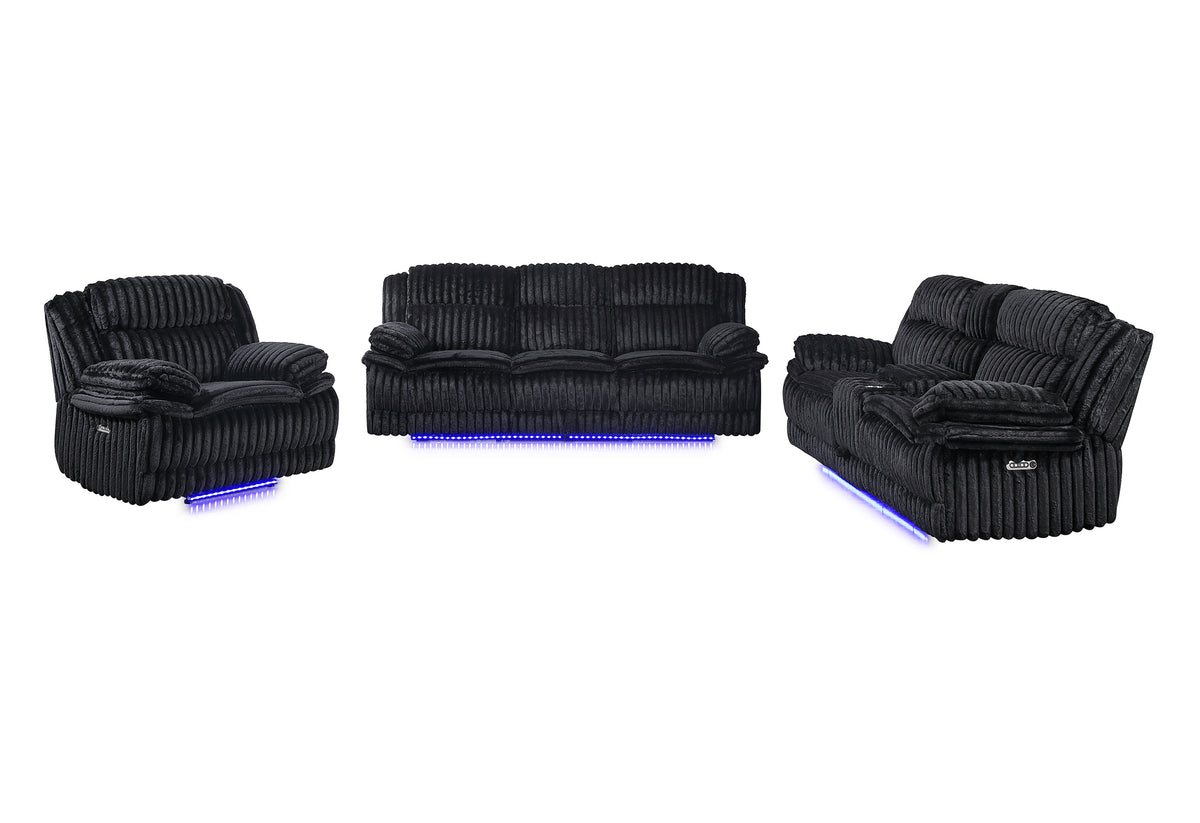 Black Power 3-Piece Reclining Living Room Set with Console, Corduroy