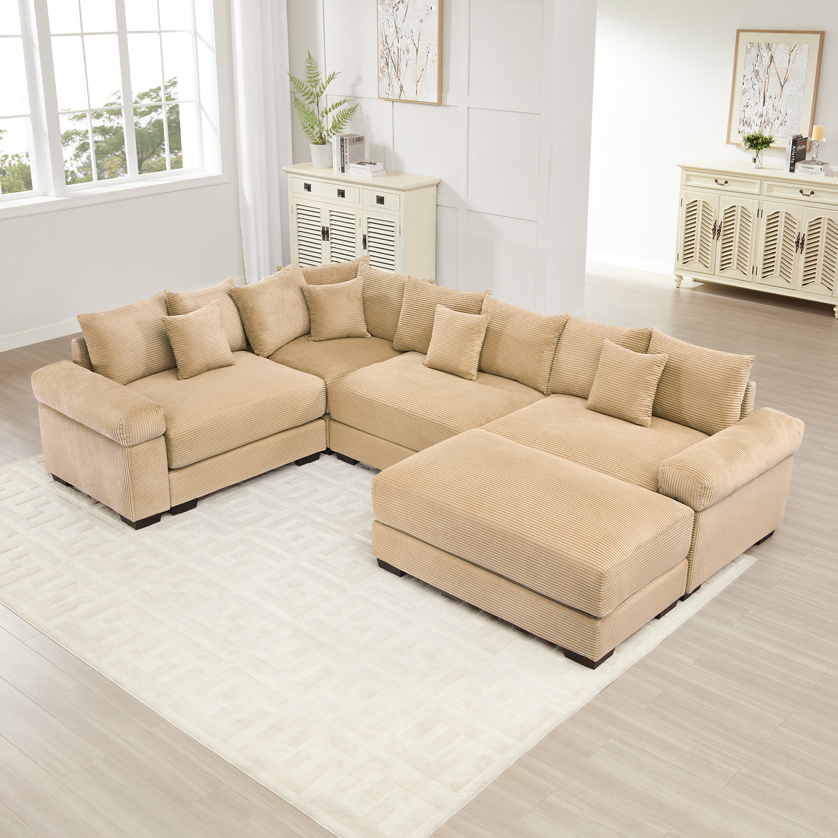 Camel Corduroy Modular Sectional with Ottoman, 4-Seat