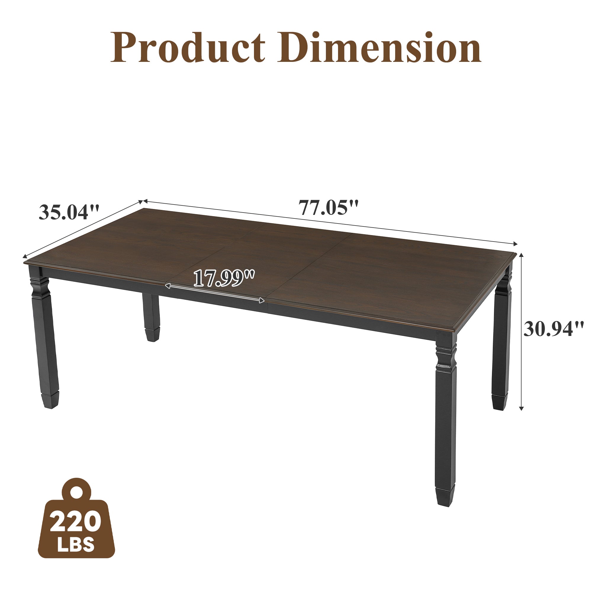 Dimension diagram of the farmhouse extendable dining table: 77.05 in long, 35.04 in wide, 30.94 in high