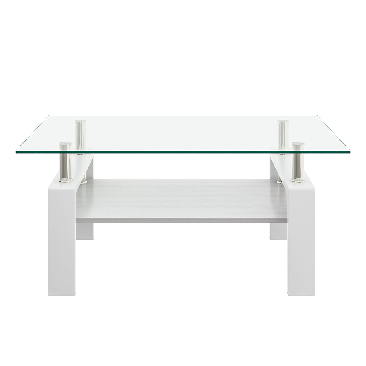 Glass Top Rectangular Coffee Table with Storage, 39.2 in, White Frame