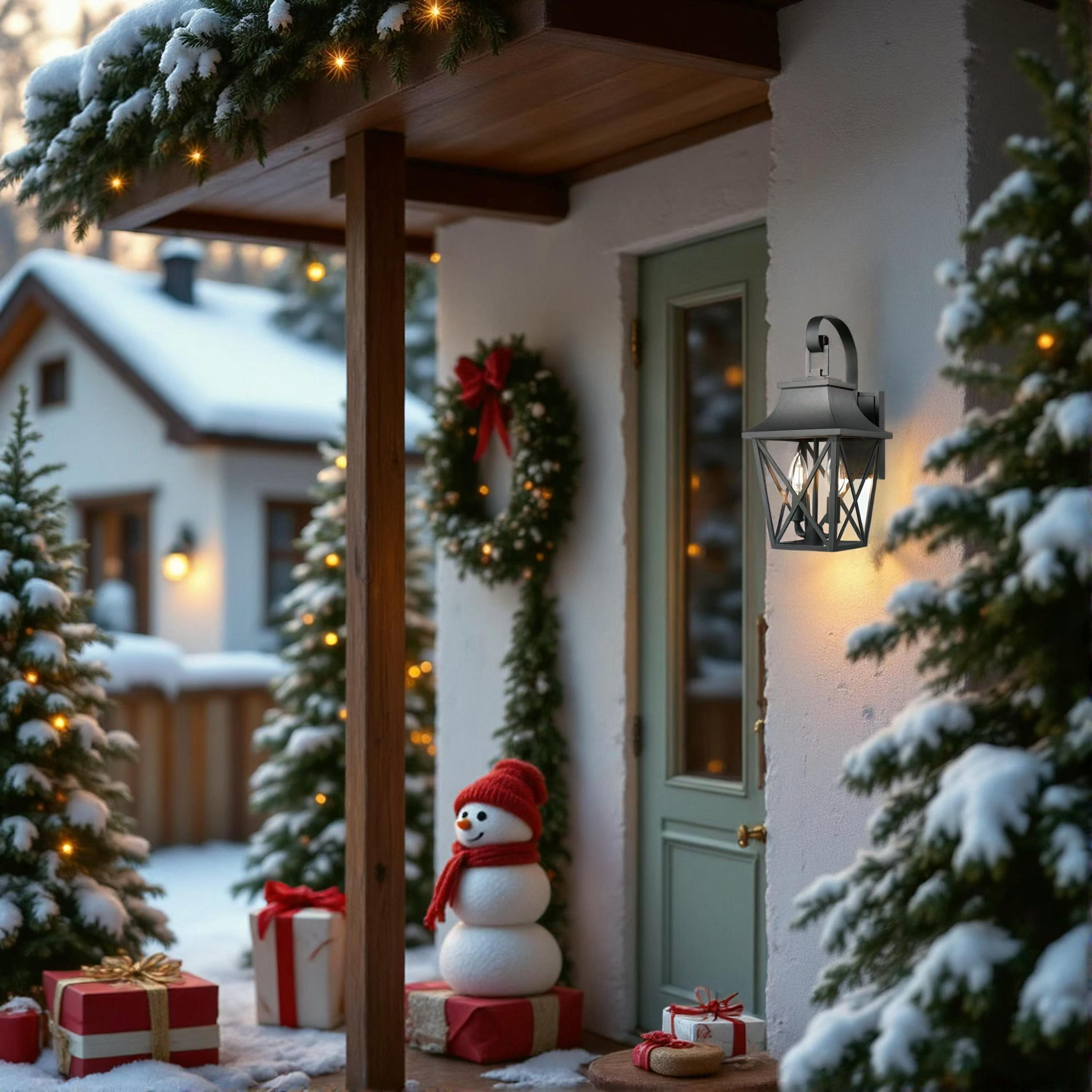 Outdoor Wall Sconce, Dimmable Two-Light Lantern, Glass Shade, Black