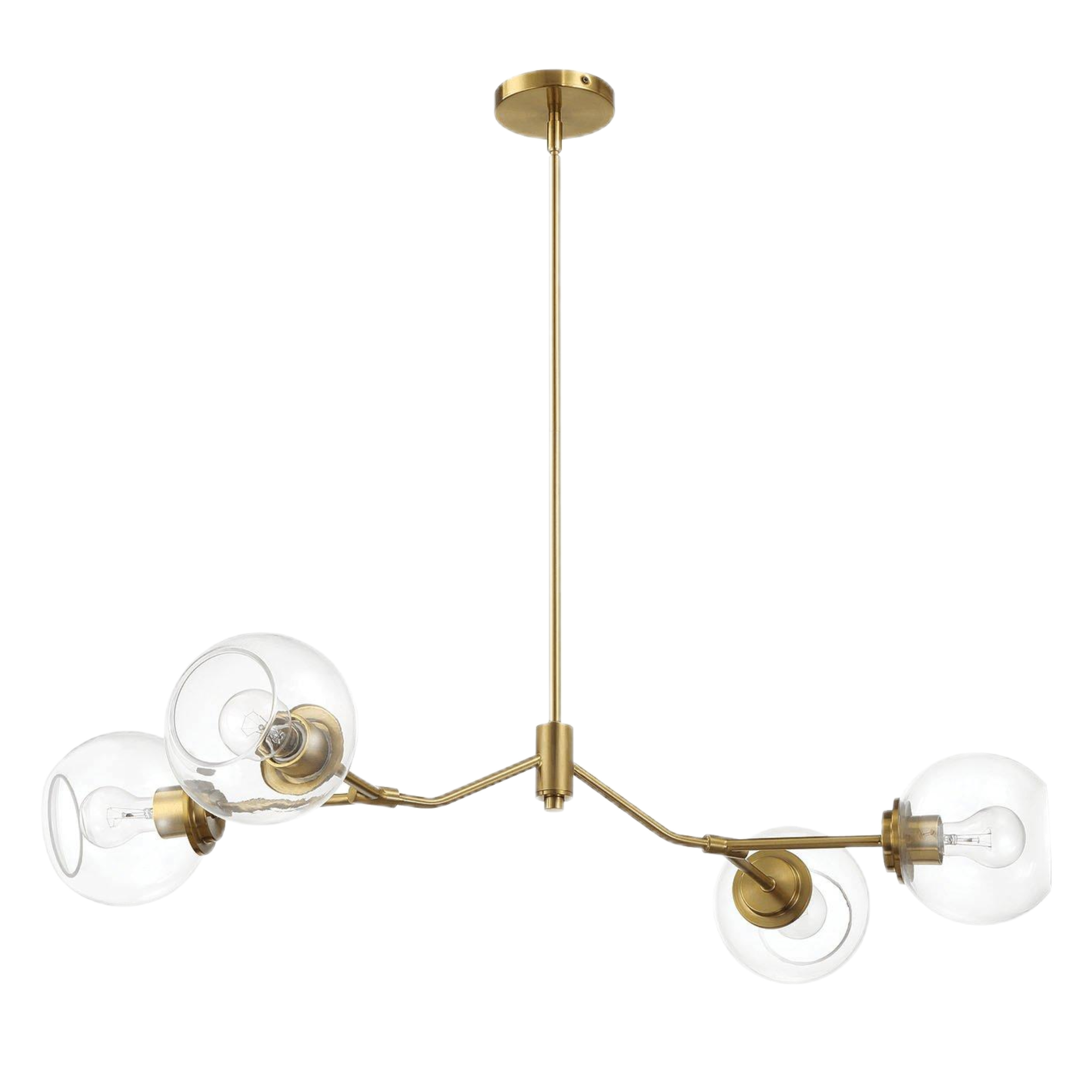 Chandelier, 36-Inch 4-Light Brass and Glass, Gold Finish