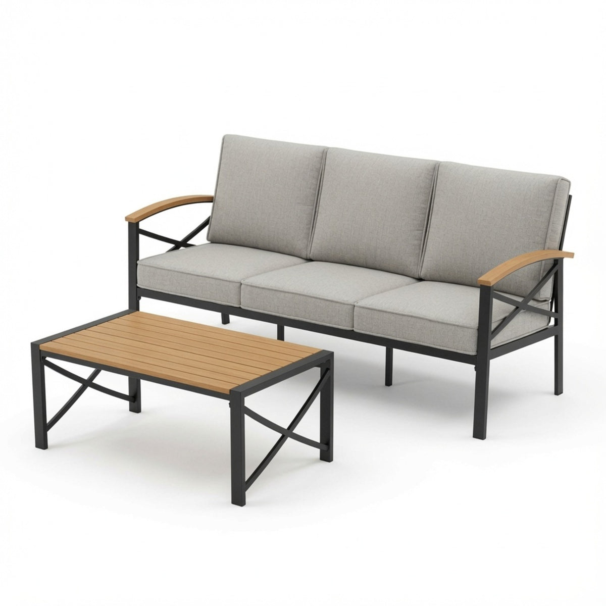 Black Metal 2-Piece Outdoor Sofa Set for 3, Beige Cushion