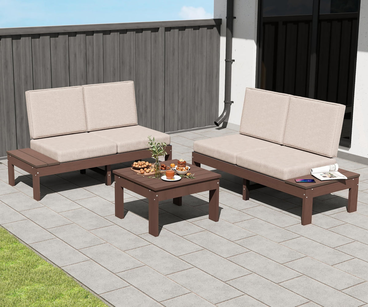 Brown HDPE 3-Piece Outdoor Sofa Set with Cushions