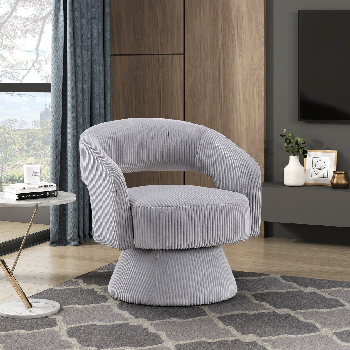 Gray Corduroy Swivel Accent Chair