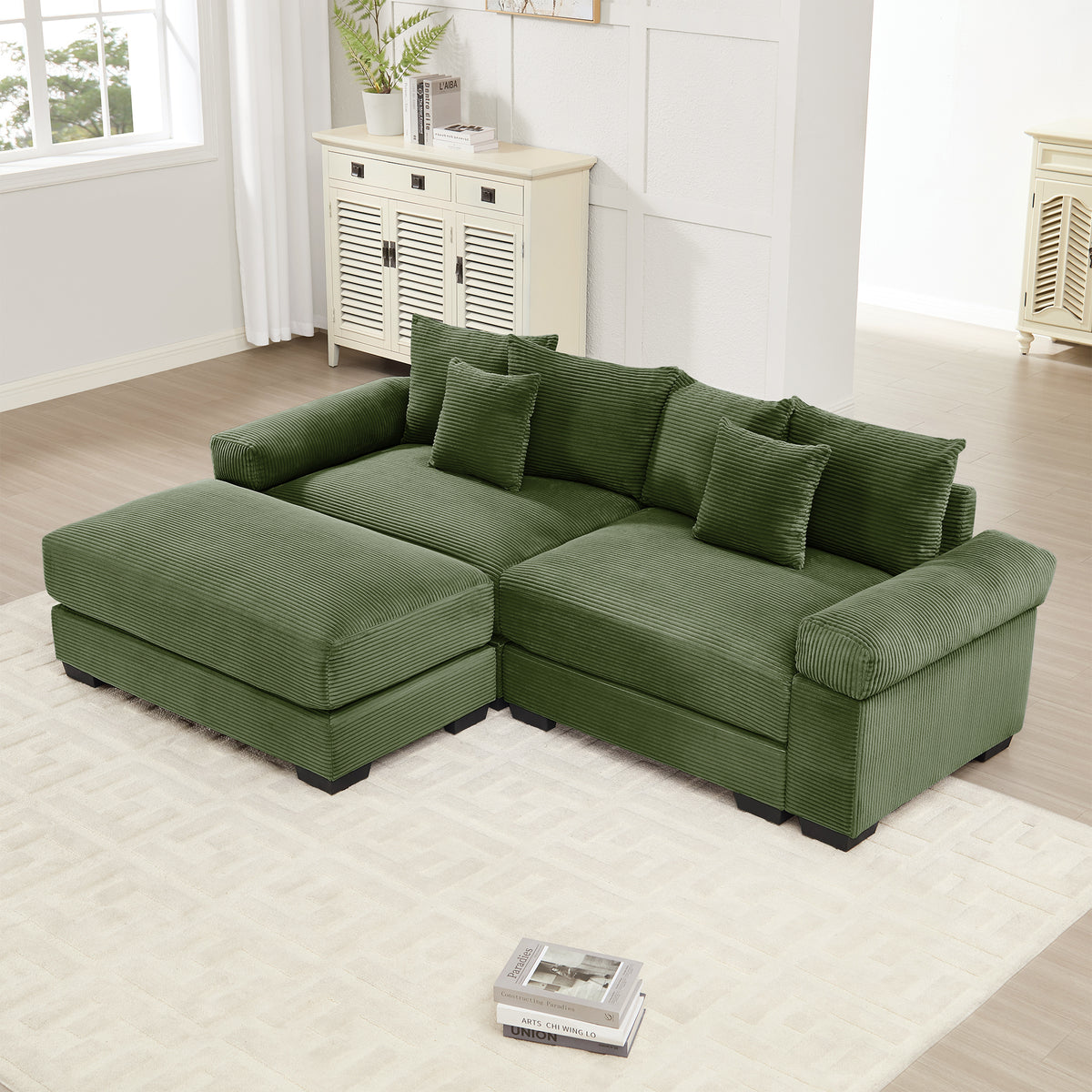 Green Corduroy Modular Sectional with Ottoman, 92 in Wide