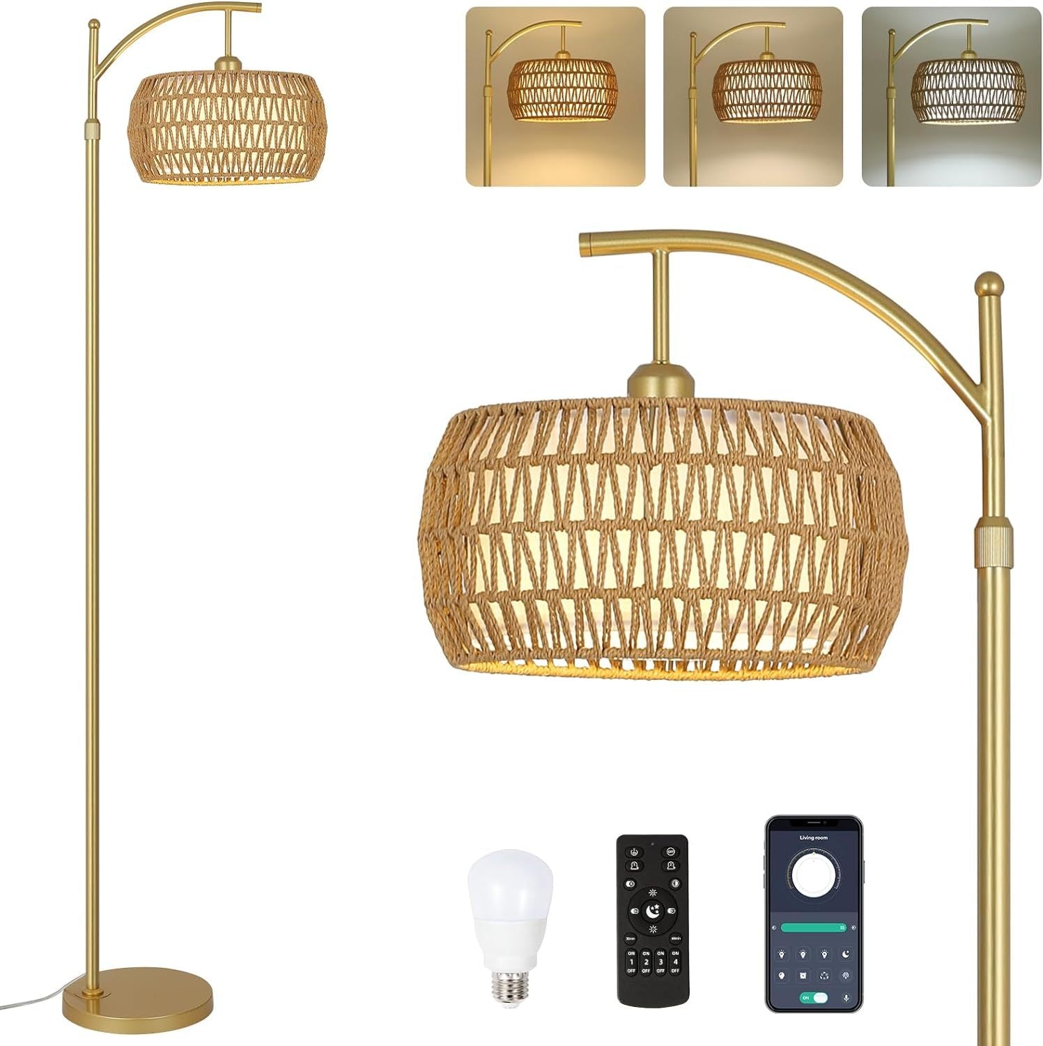 Floor Lamp, Arc Rattan and Metal with Timer, Brown and Gold