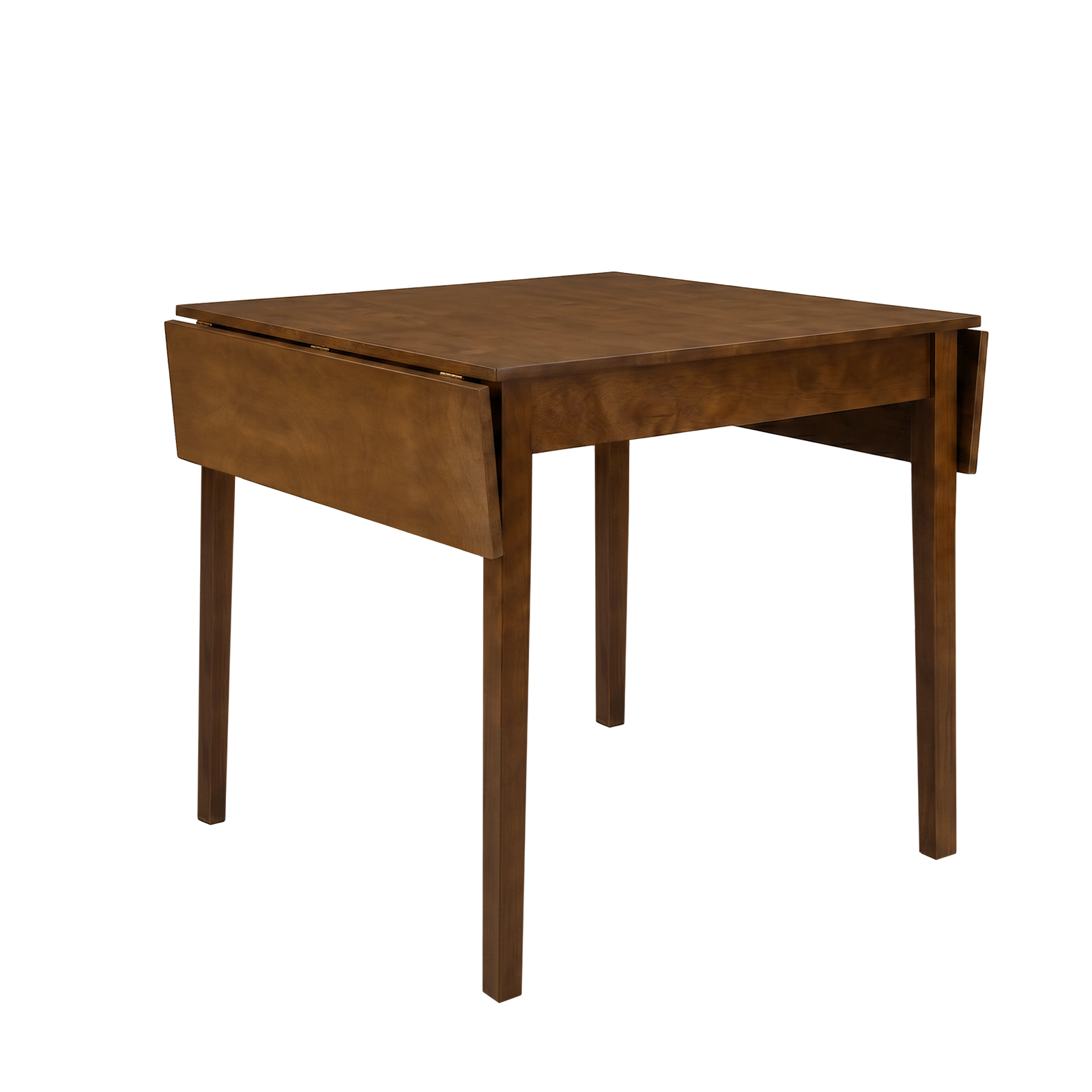 Walnut drop-leaf dining table with both leaves folded down on a plain white background, three-quarter view