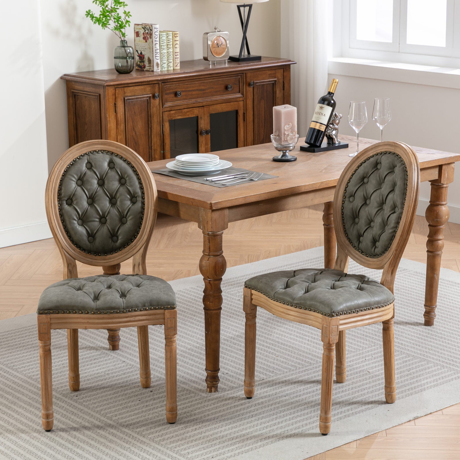 French Country Vegan Leather Dining Chairs Set of 2, Green Tufted