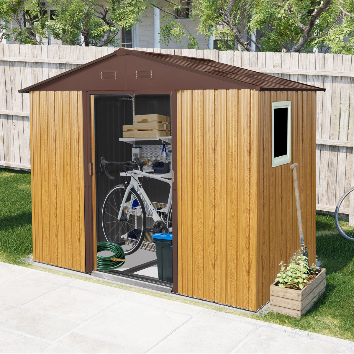 4x8 ft Brown Metal Storage Shed with Window