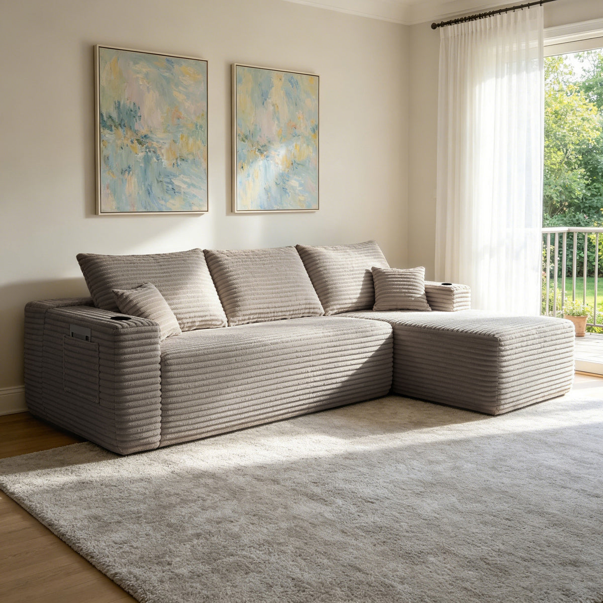 Brown L-Shaped Modular Sectional, 108 in Wide, Right-Facing Chaise