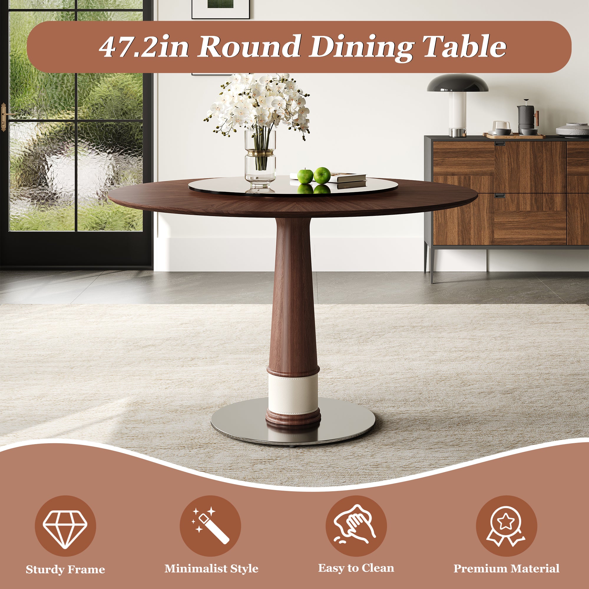 Feature graphic titled 47.2 inch round dining table with sturdy, minimalist and easy-clean icons