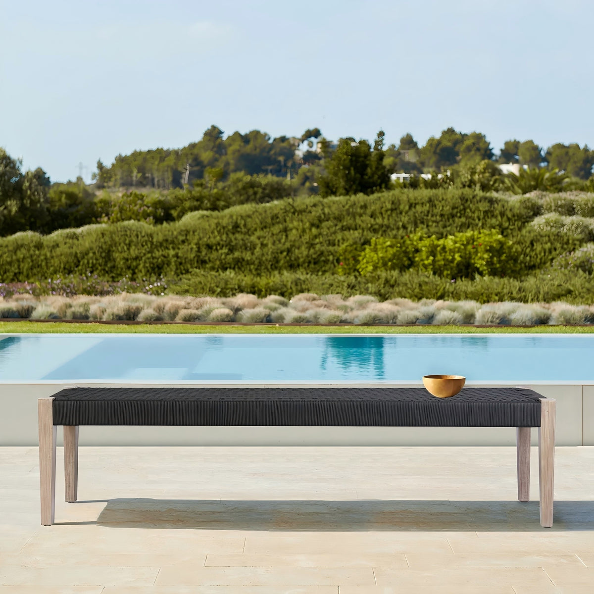 Solid Wood Outdoor Bench with Rope Back, 71 in Wide