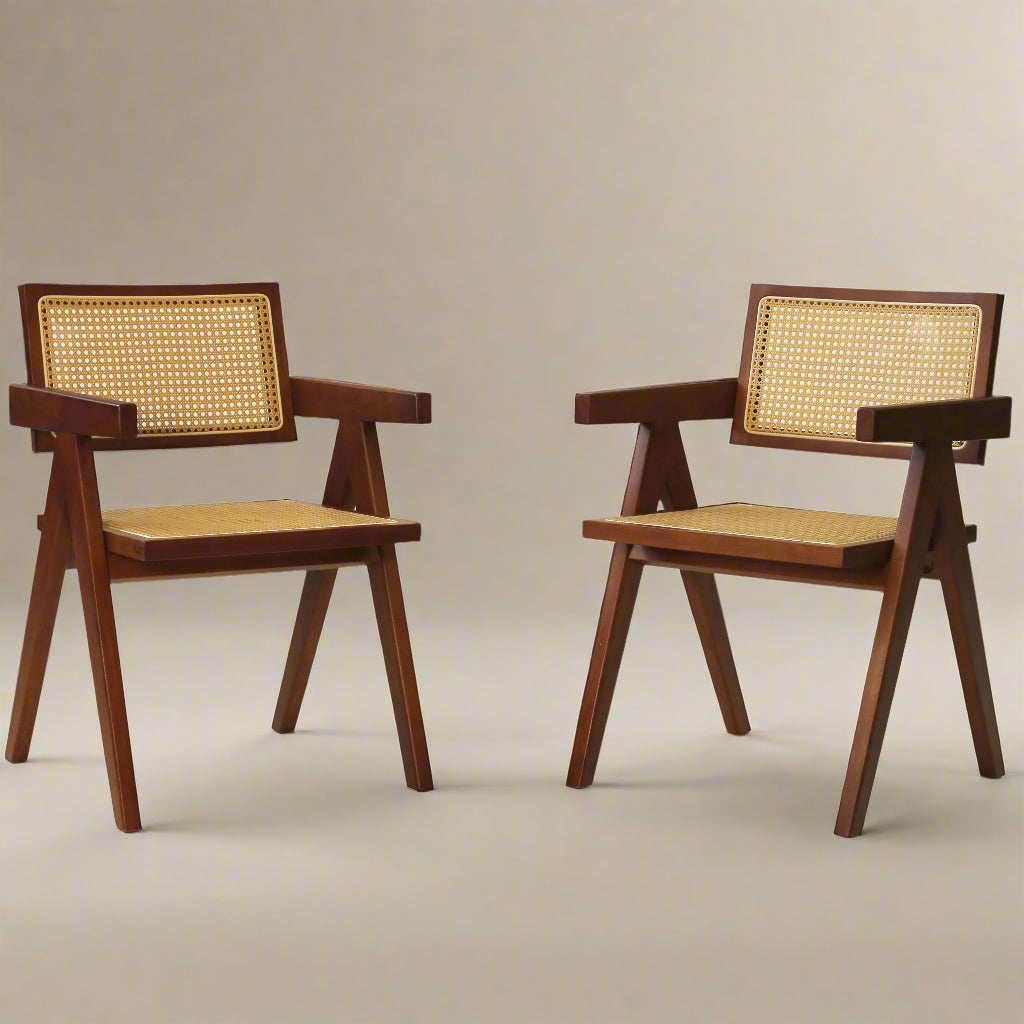 Rattan Dining Chairs – Set of 2, Solid Wood & Walnut Stain
