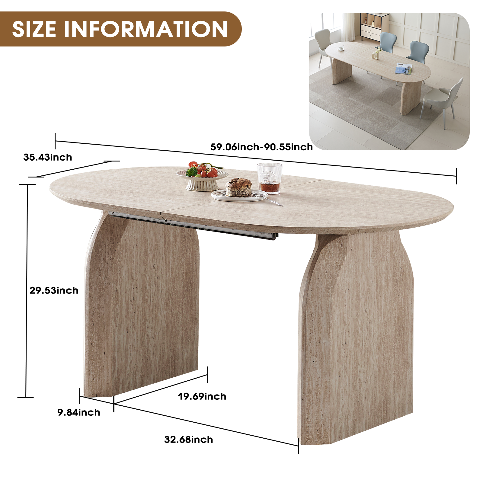 Size diagram of the oval extendable table showing 59 to 90in length, 35.43in width, 29.53in height