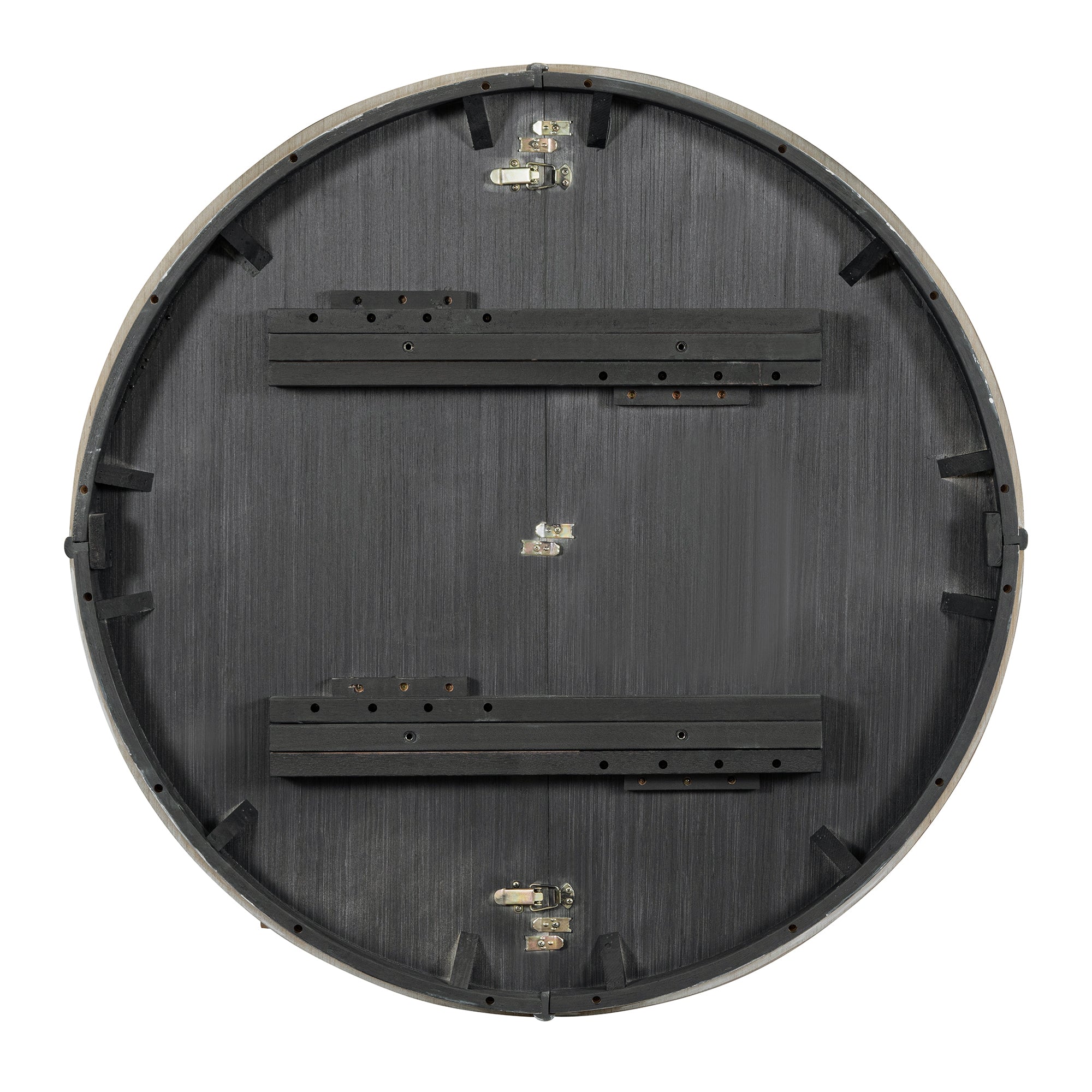 Underside of the round tabletop showing hardware and metal latches