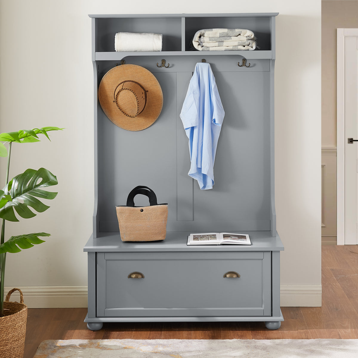 Gray Hall Tree with Bench and Shoe Storage, 40.2 in Wide