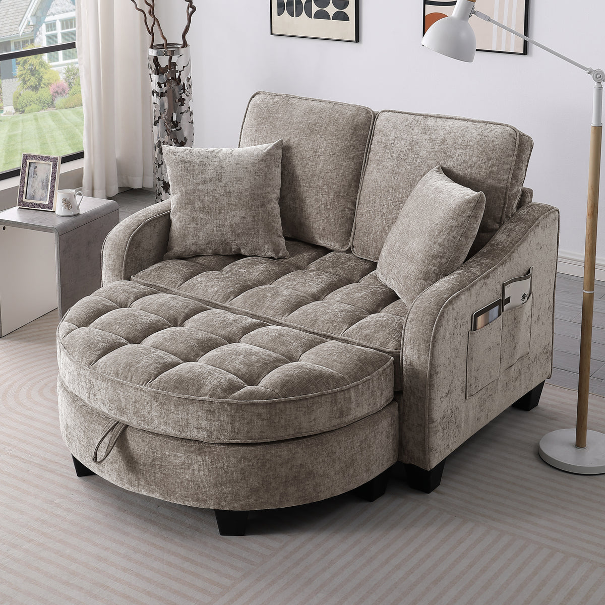 Brown Corduroy 2-Seat Couch with Ottoman