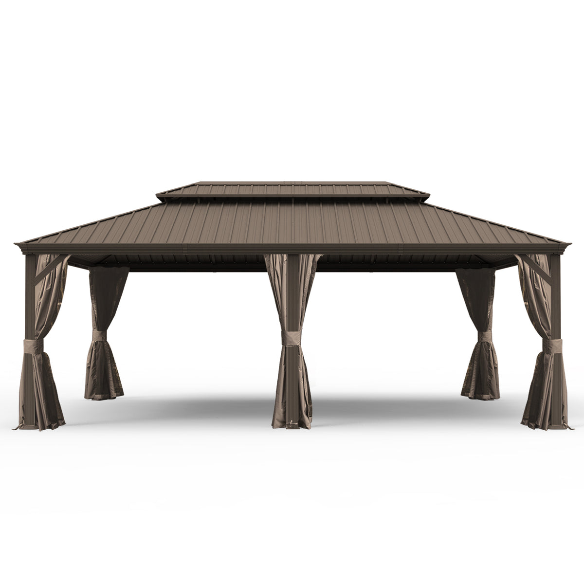 14x24 ft Brown Hardtop Gazebo with Netting and Curtains