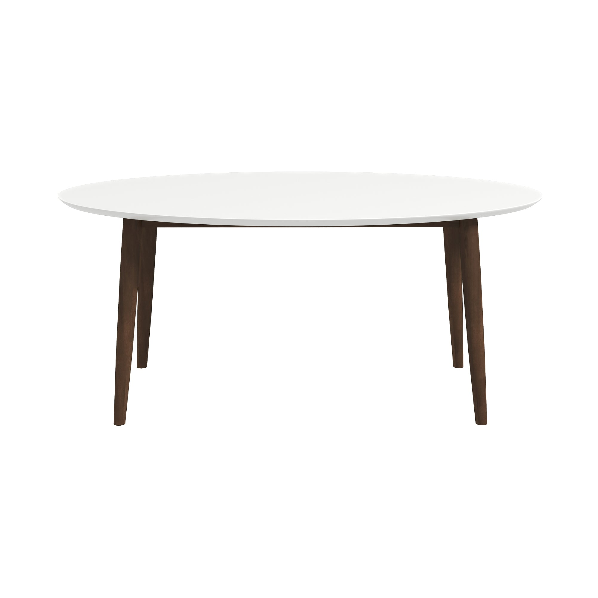White-top mid-century oval dining table with walnut legs, front view on white studio background