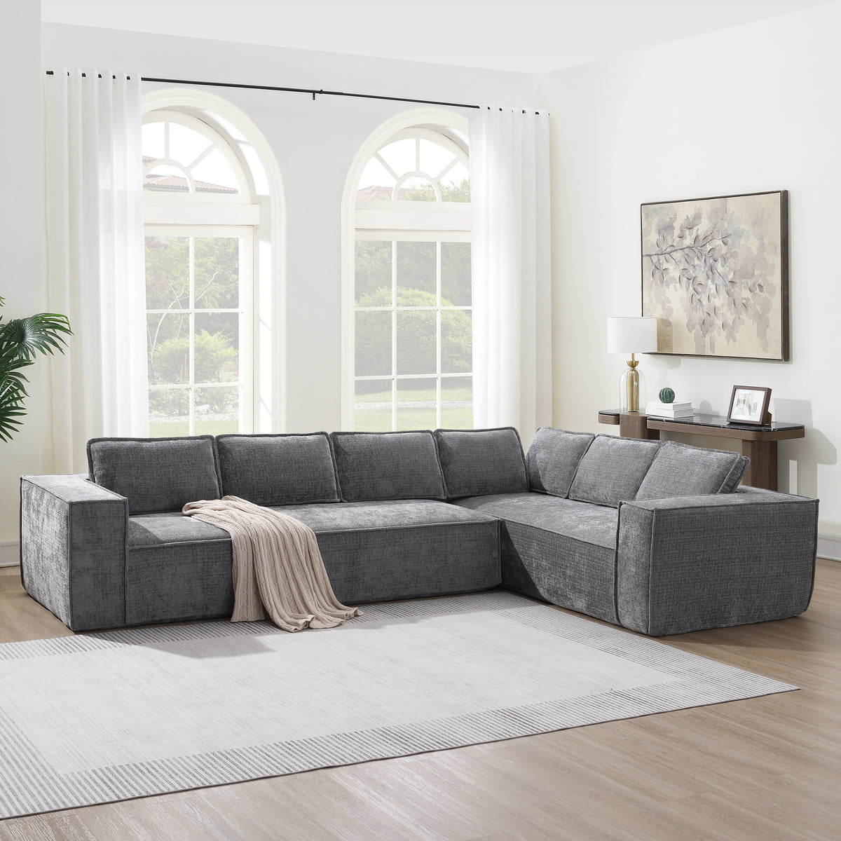 Gray Chenille L-Shaped Modular Sectional Couch, 129.5 in Wide