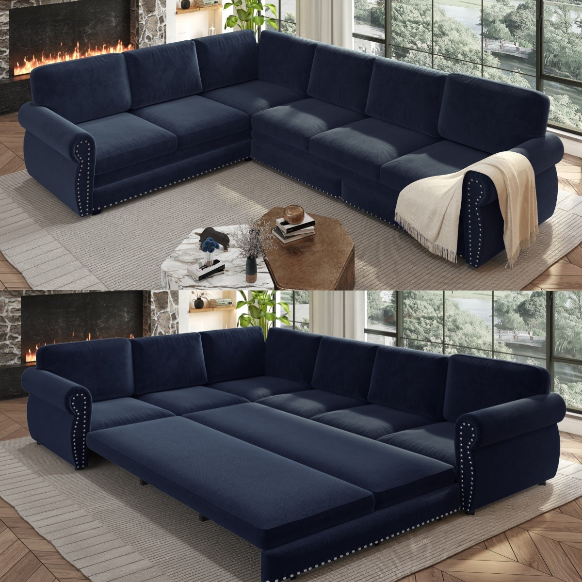 Blue Chenille L-Shaped Sleeper Sectional, 118 in Wide