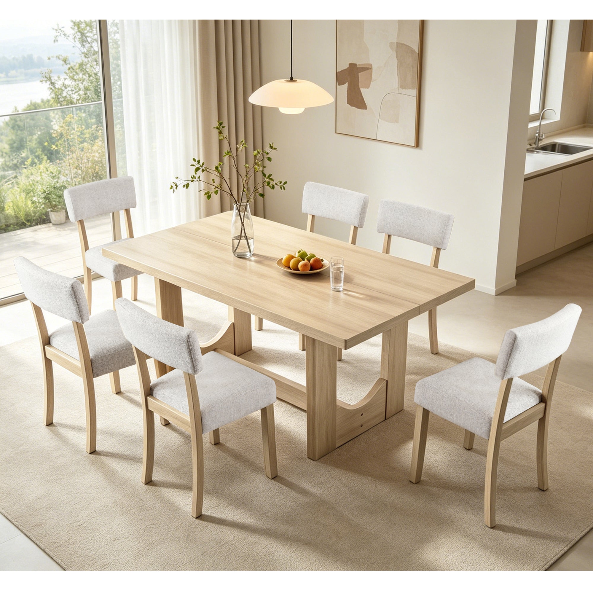 7-Piece Dining Set for 6, 57-Inch Light Oak Table and 6 Linen Chairs