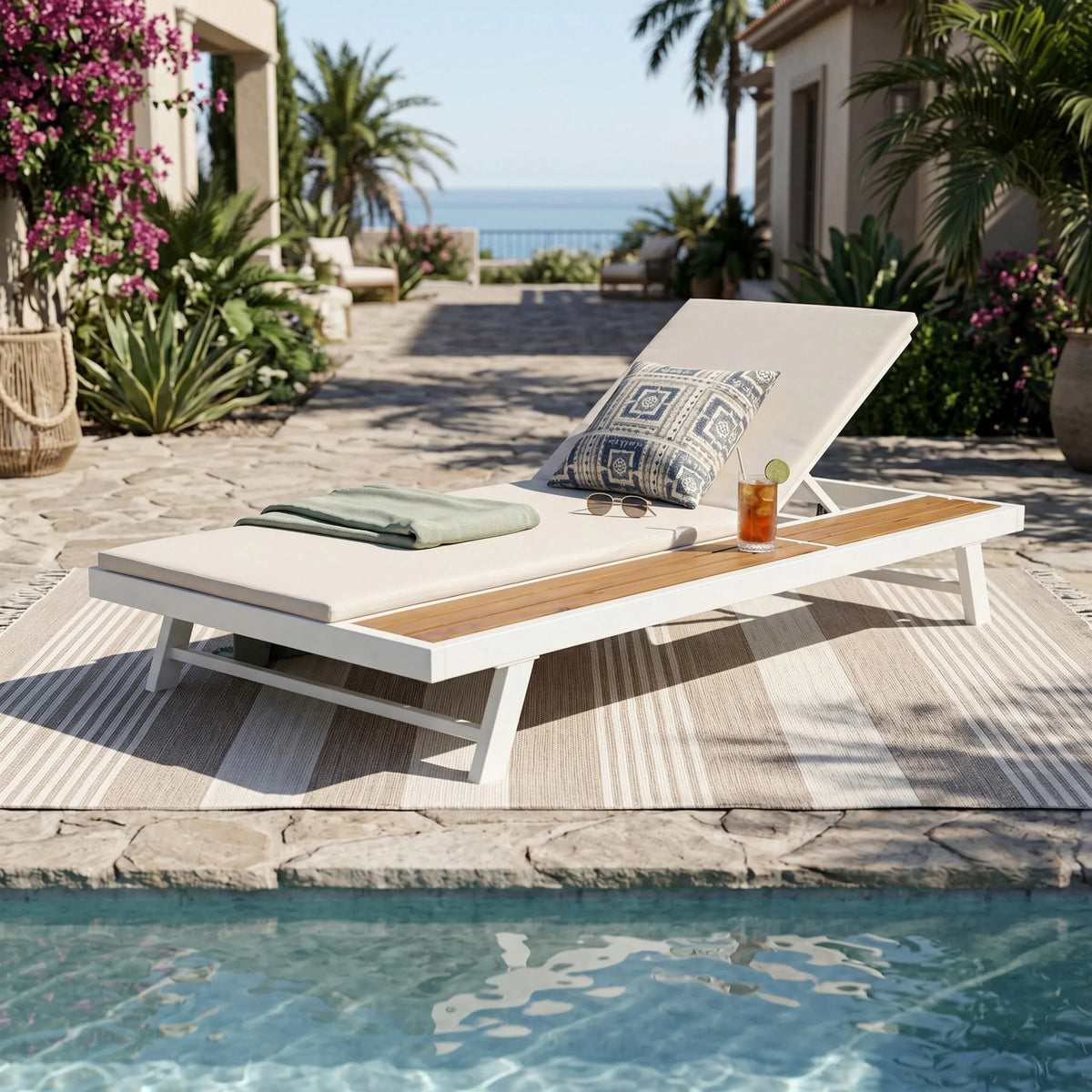 White Metal Adjustable Outdoor Chaise Lounge with Cream 2-Fold Cushion
