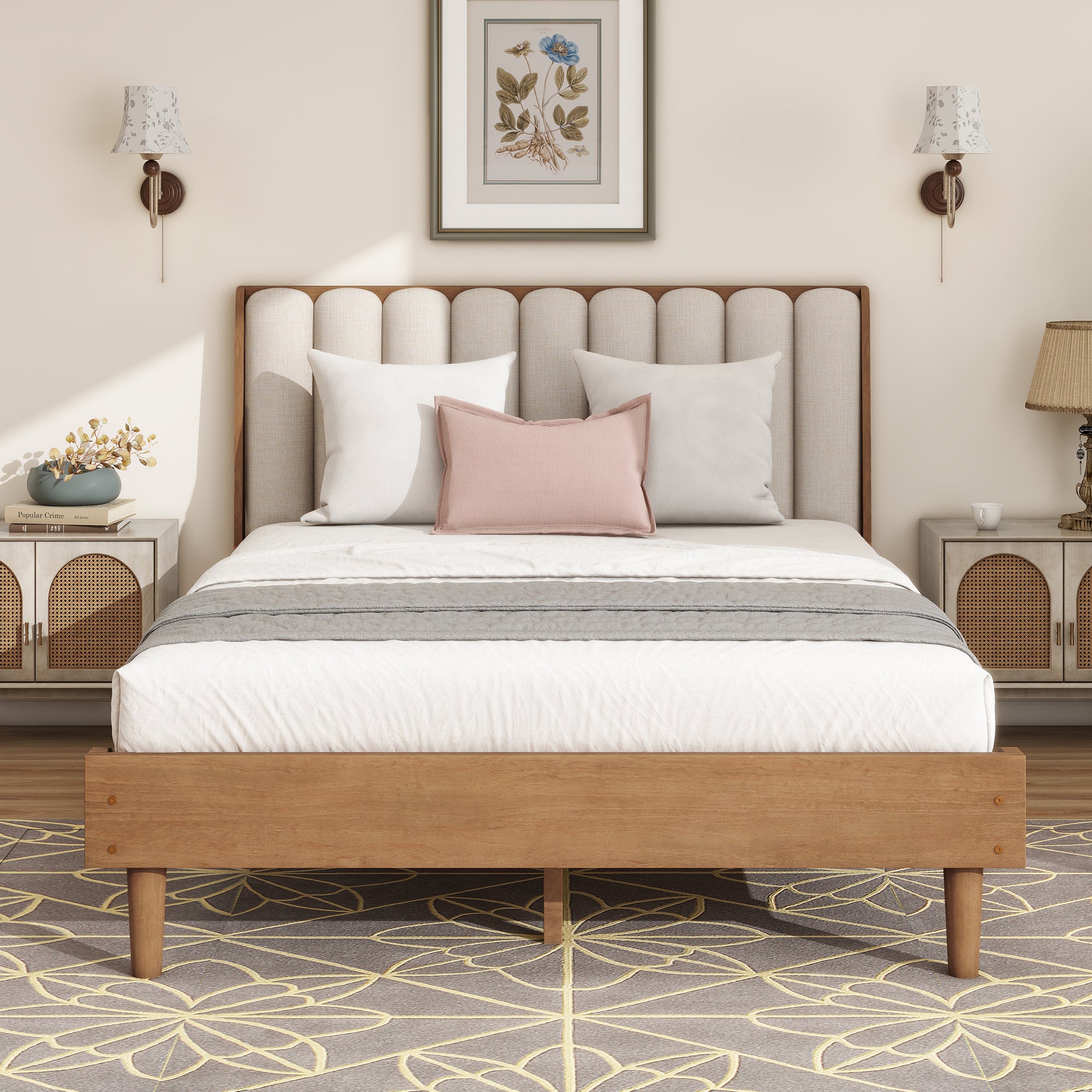 Front view of the wheat piano-key upholstered headboard with rounded vertical channels above a wood platform bed