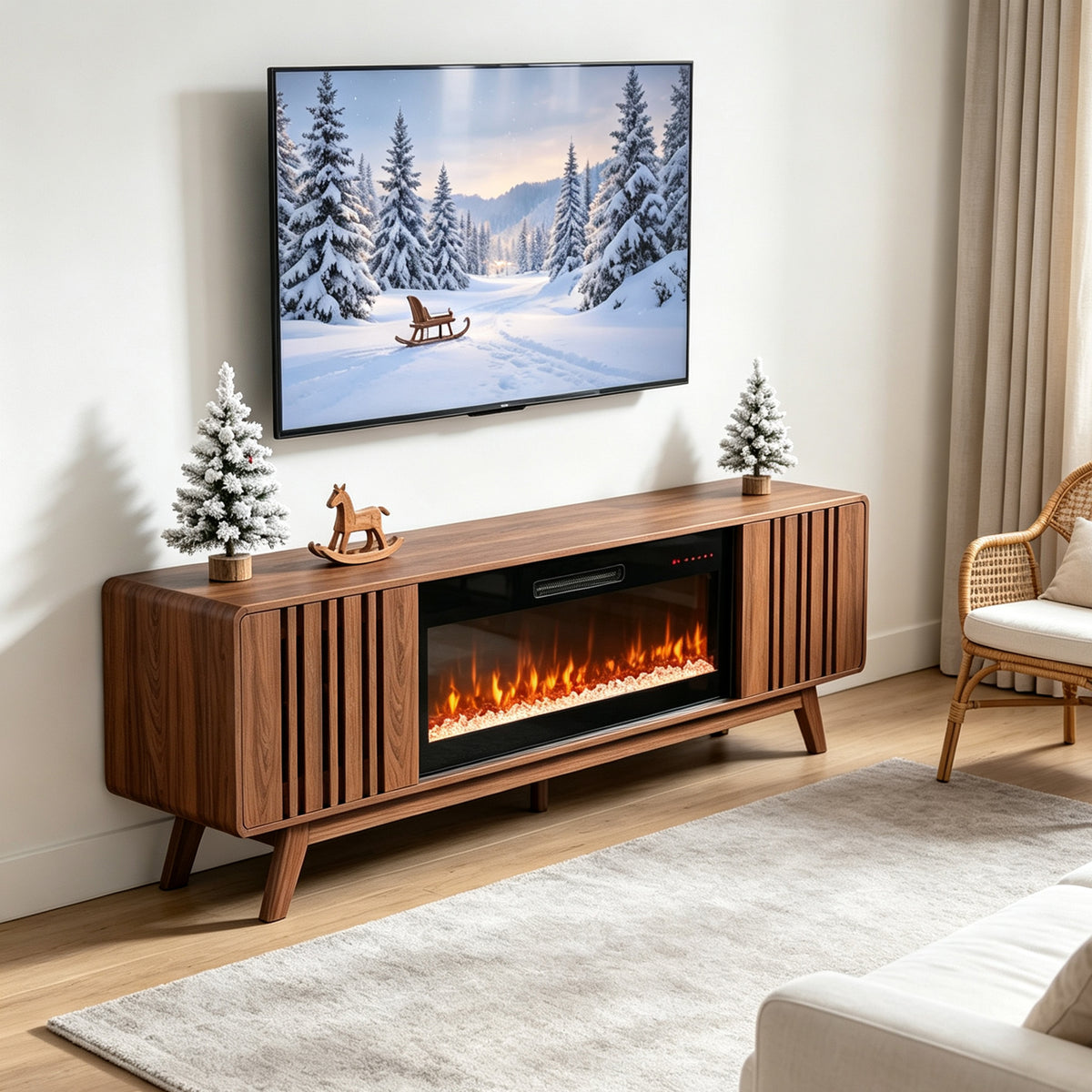 Walnut Fireplace TV Stand for TVs up to 85 in, 78 in Wide