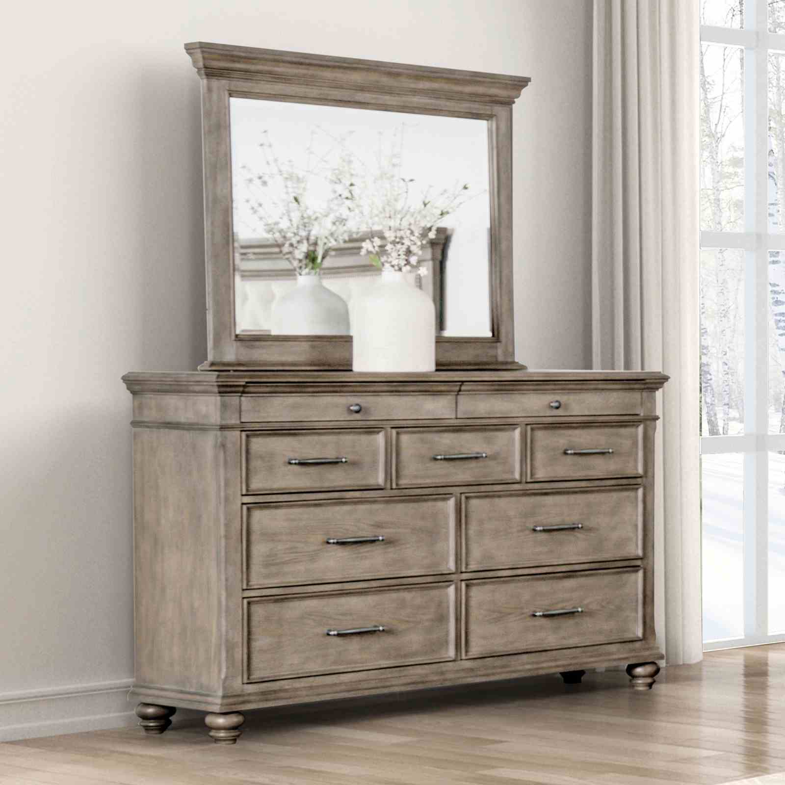 Solid Wood Dresser with Mirror, Bun Feet, Oak Finish