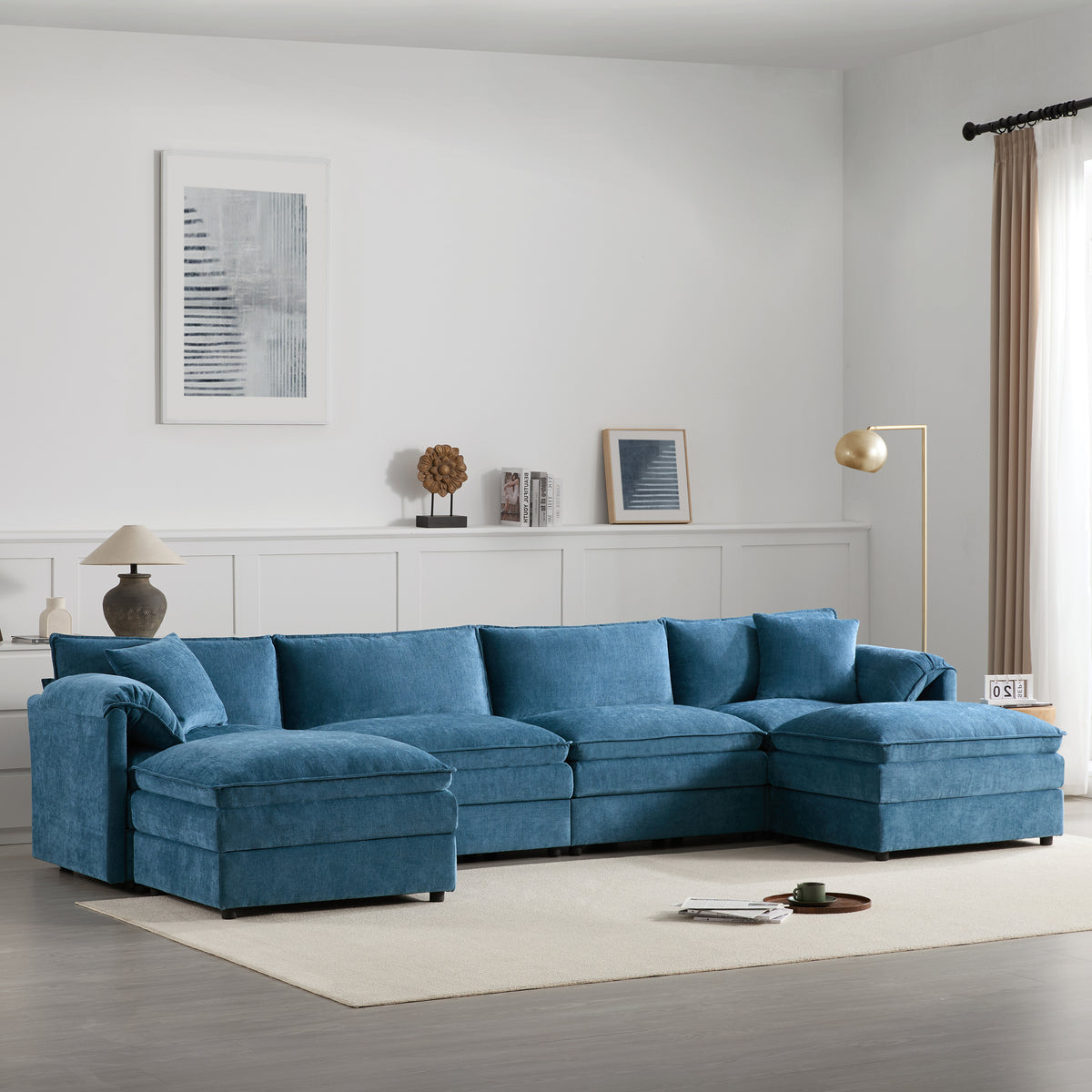 Blue Chenille U-Shaped Modular Sectional with 2 Ottomans, 136 in Wide