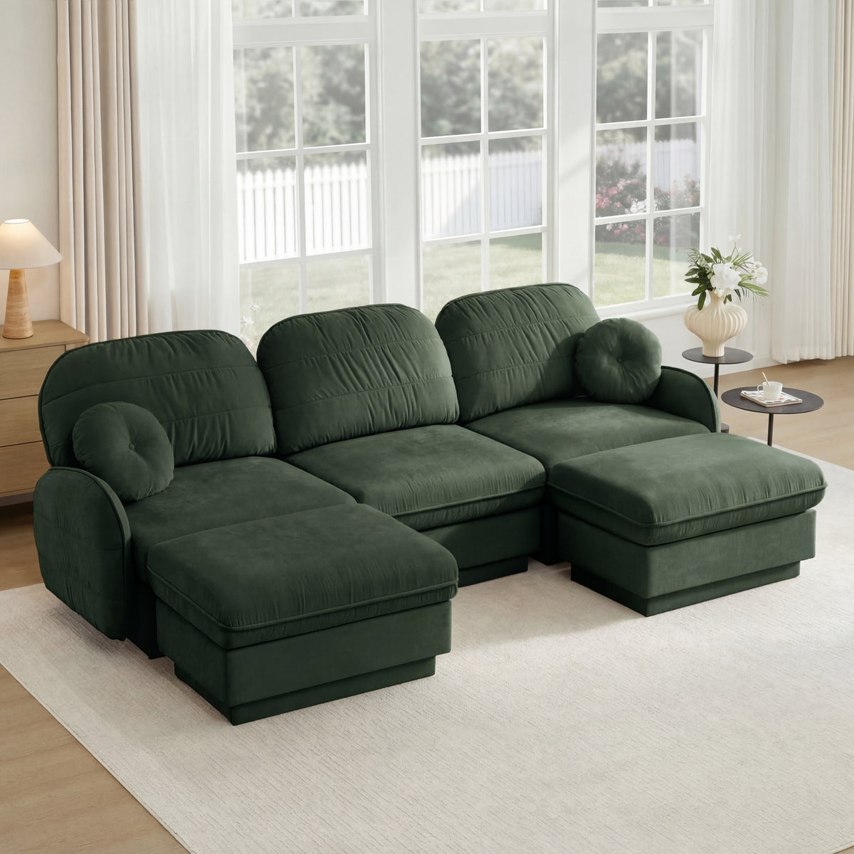 Green Chenille Sectional Couch with 2 Ottomans, 105 in Wide