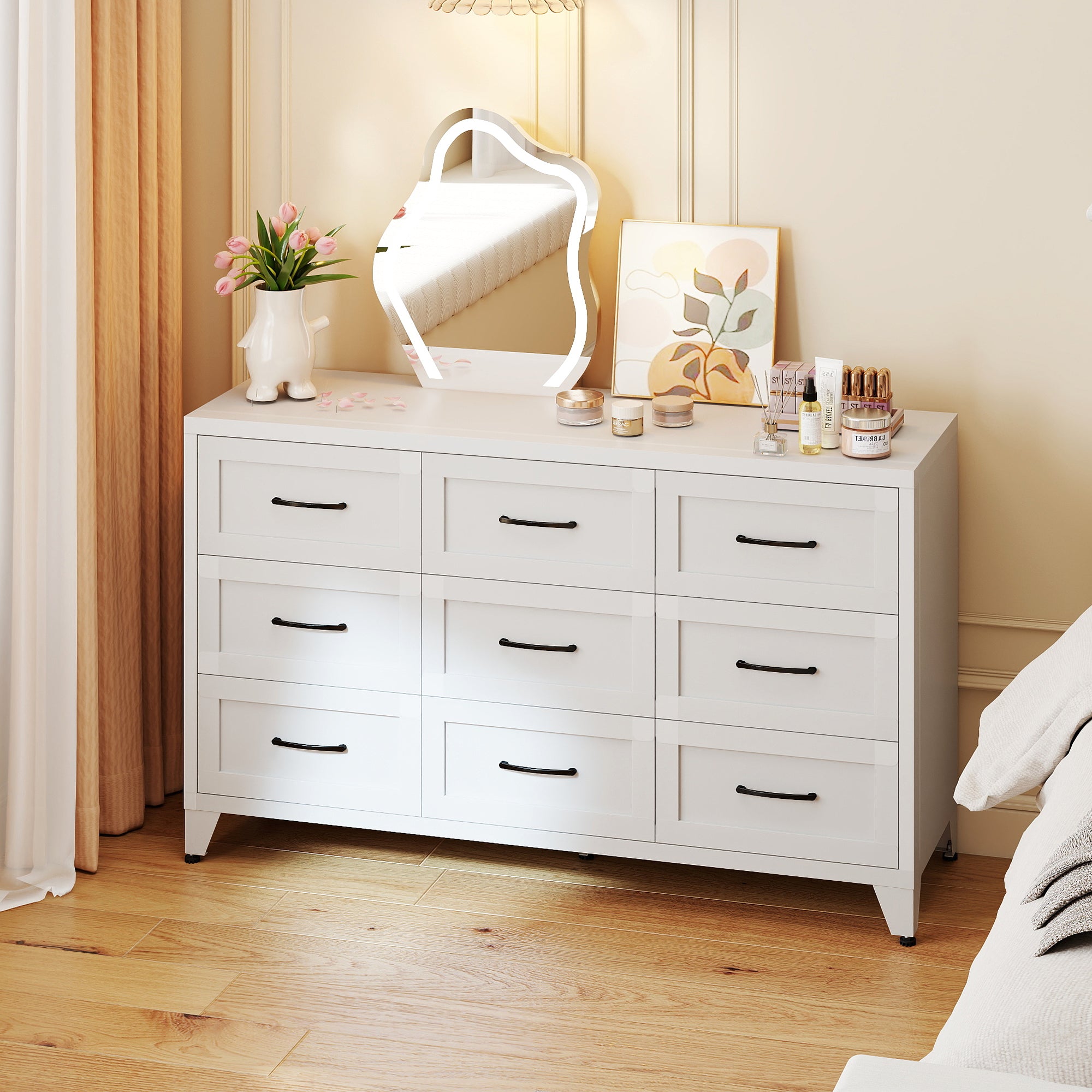 9-Drawer Metal Dresser, 52 in Wide, White
