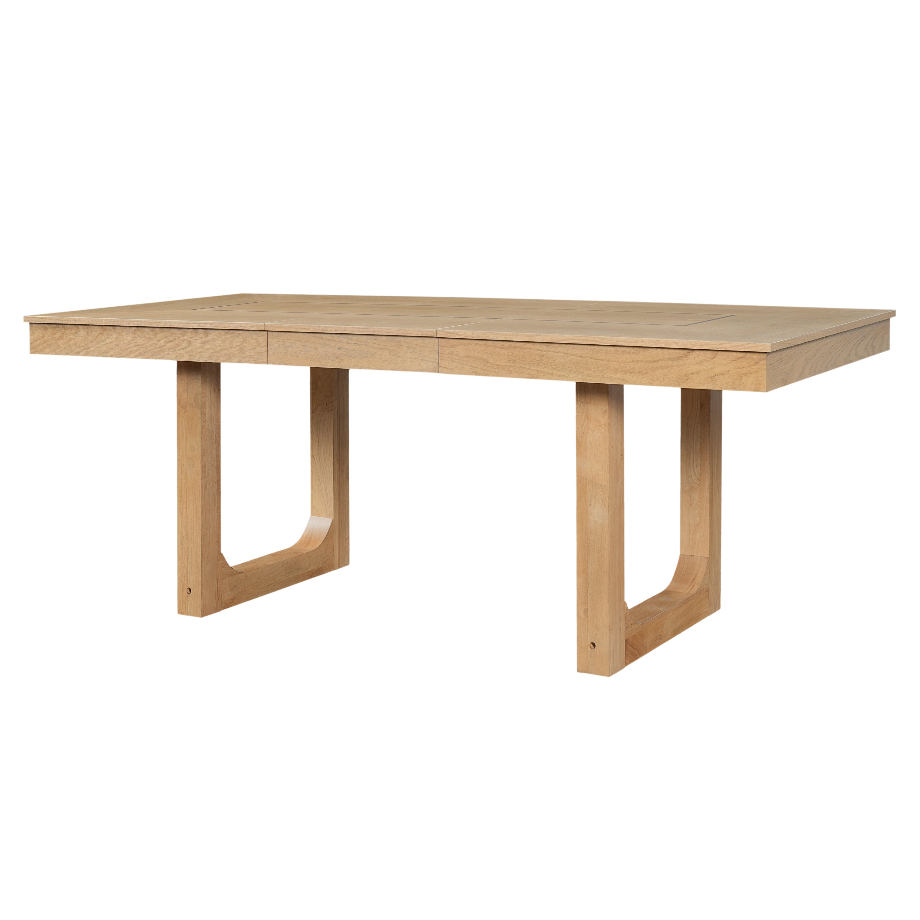 Three-quarter studio view of the assembled natural oak farmhouse extendable dining table