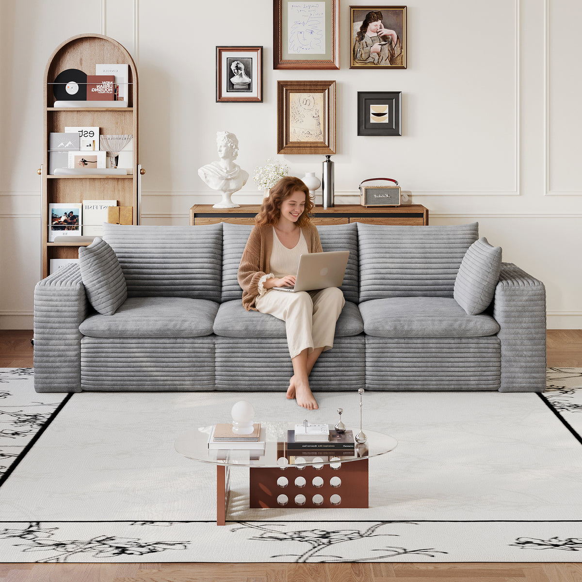 Gray Corduroy Modular 3-Seat Couch, No Assembly, 102.4 in Wide