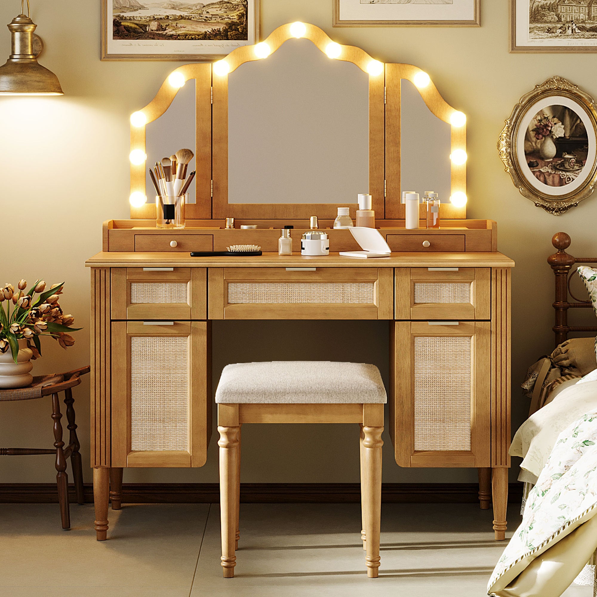 Natural Vanity Desk with Cushioned Stool, 3 Drawers and Cabinet