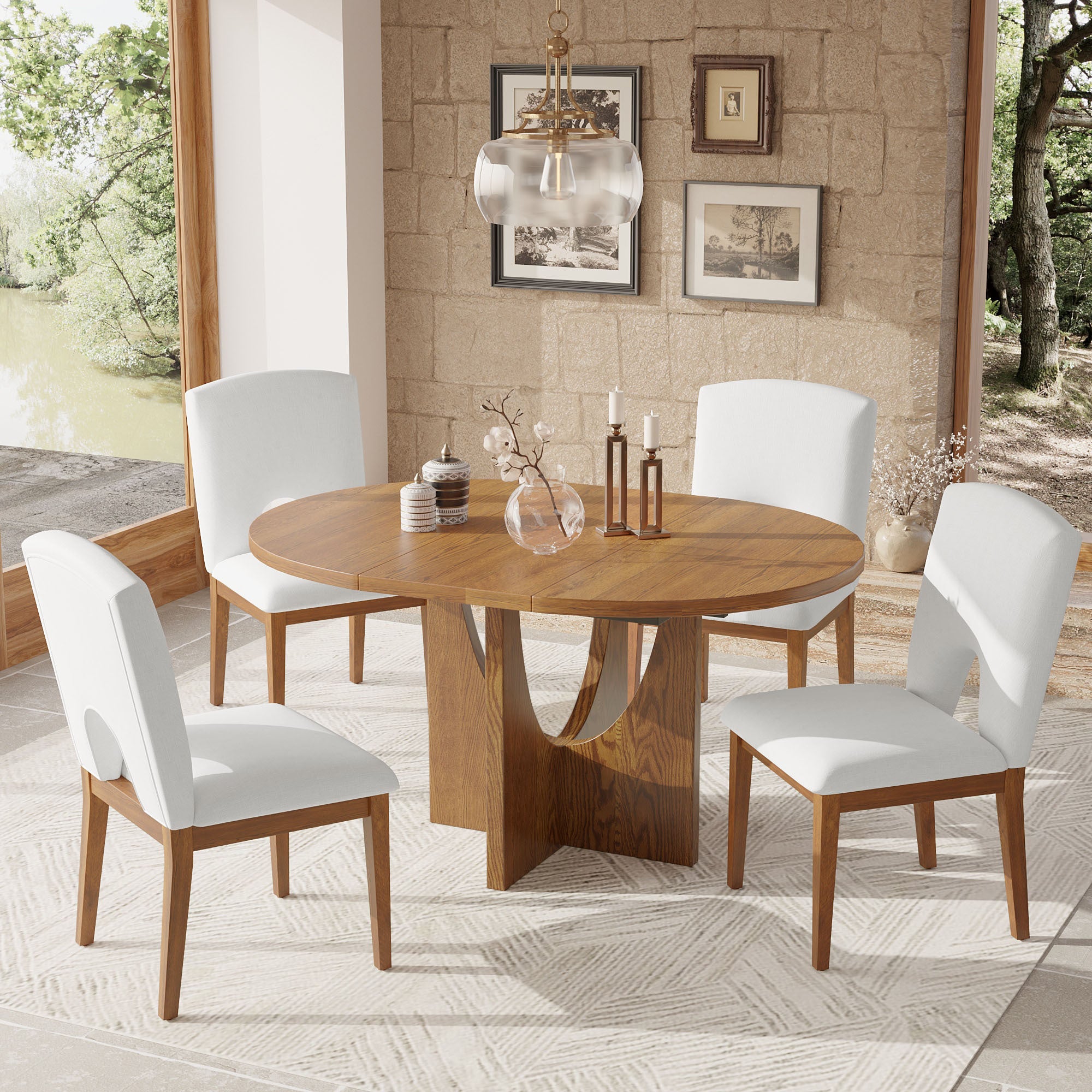 5-Piece Round Extendable Dining Set for 4, Walnut Wood + 4 Chairs