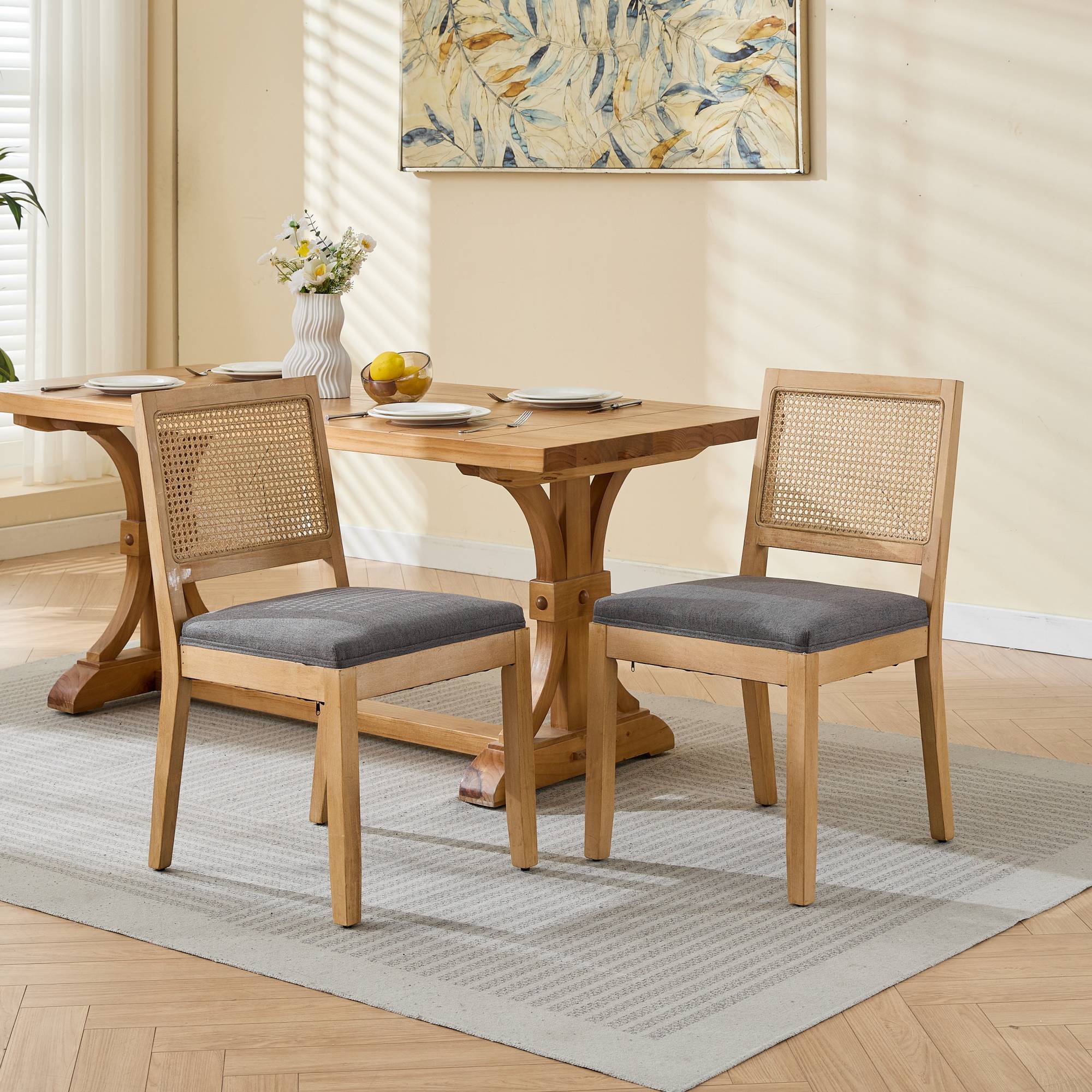 Cane-Back Dining Chairs Set of 2, Gray Linen with Wood Frame
